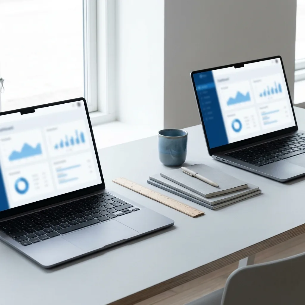 Two clean laptops side by side with blurred dashboards and stationery arranged for comparison work