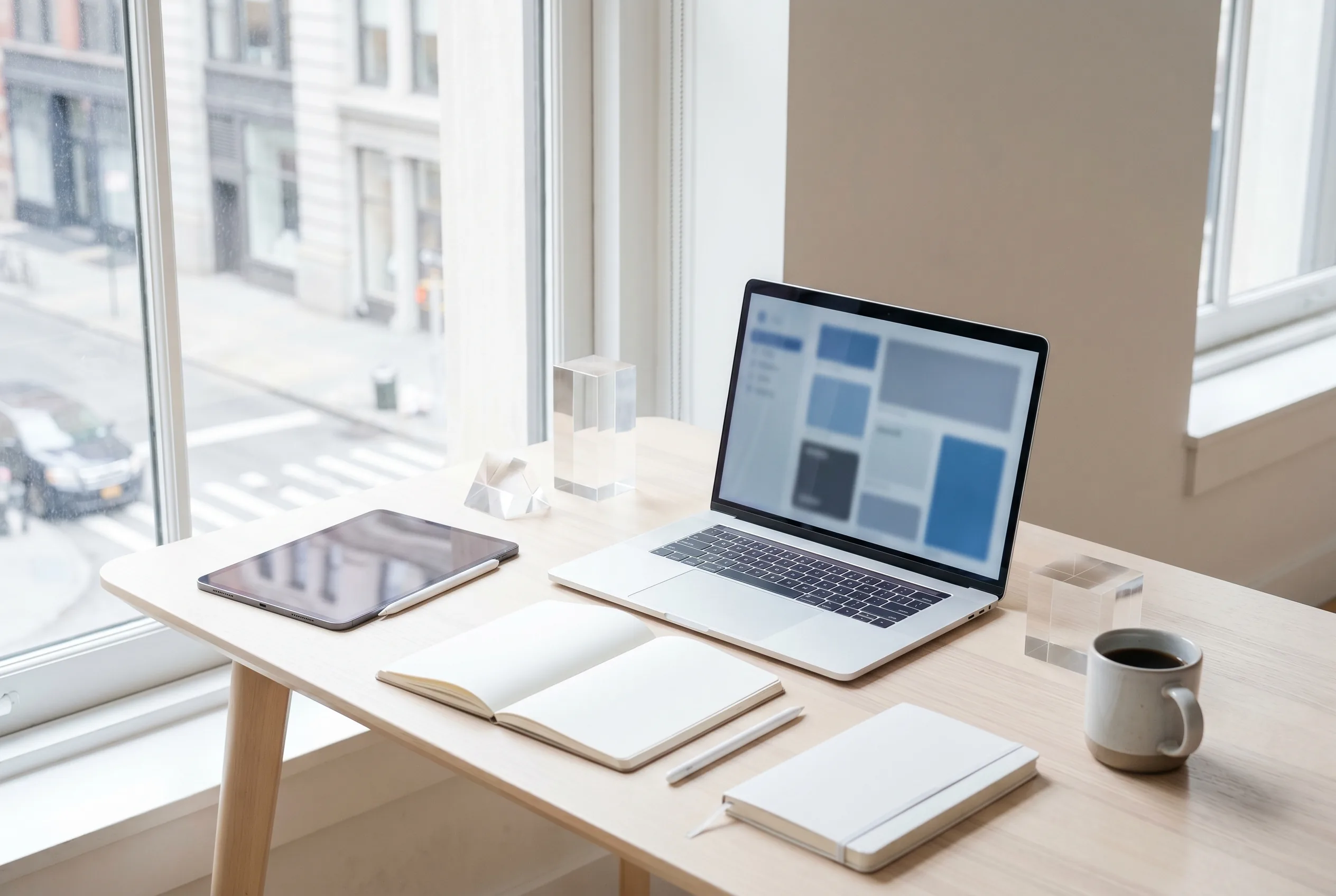 A clean AI research workspace with laptop, tablet, notebooks, and geometric objects in soft daylight