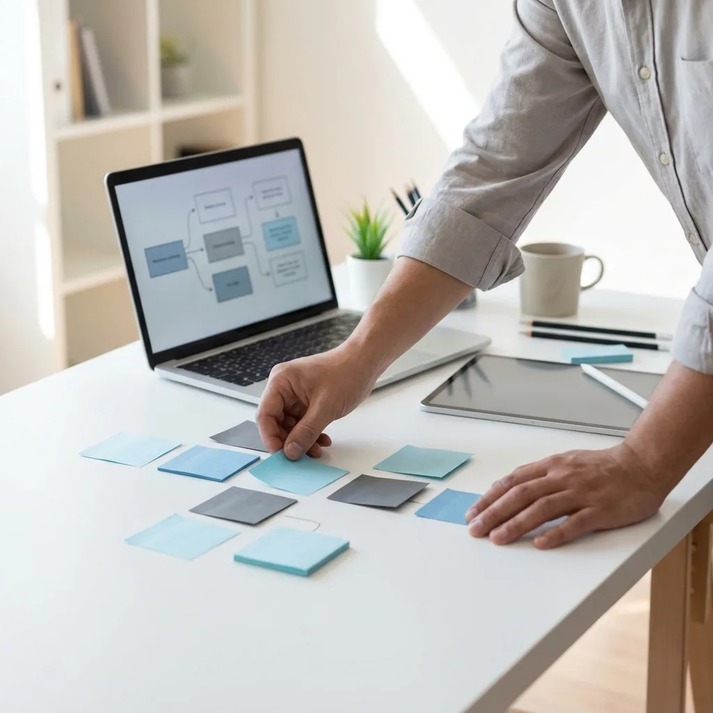 Clean desk with blank sticky notes, laptop, and tablet arranged for workflow planning