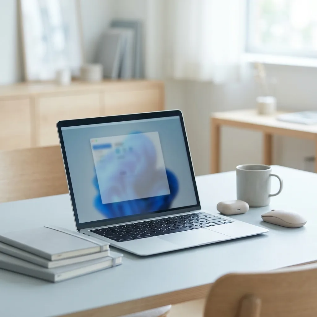 Modern desk with laptop, notebooks, and neutral tech accessories in a clean analytical workspace