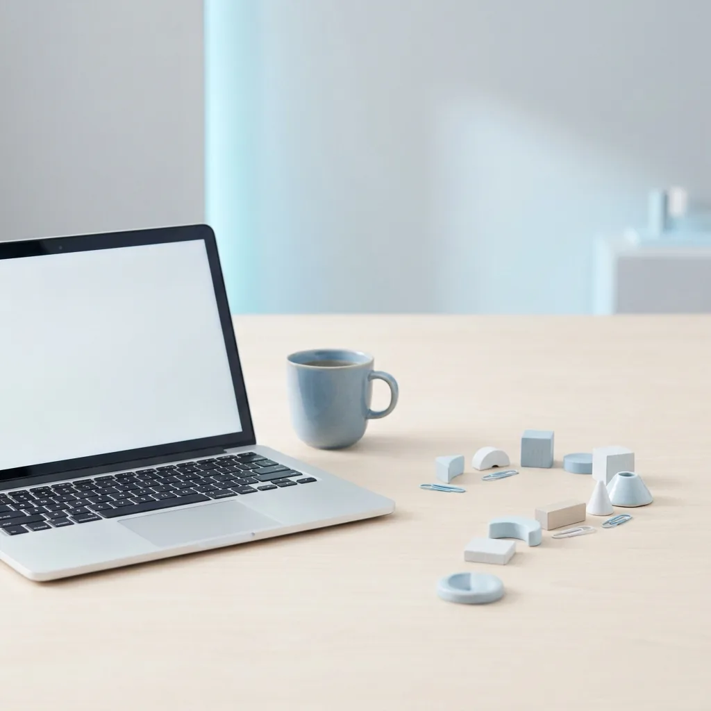 Minimal help-desk style workspace with laptop, coffee cup, and small objects on a pale desk