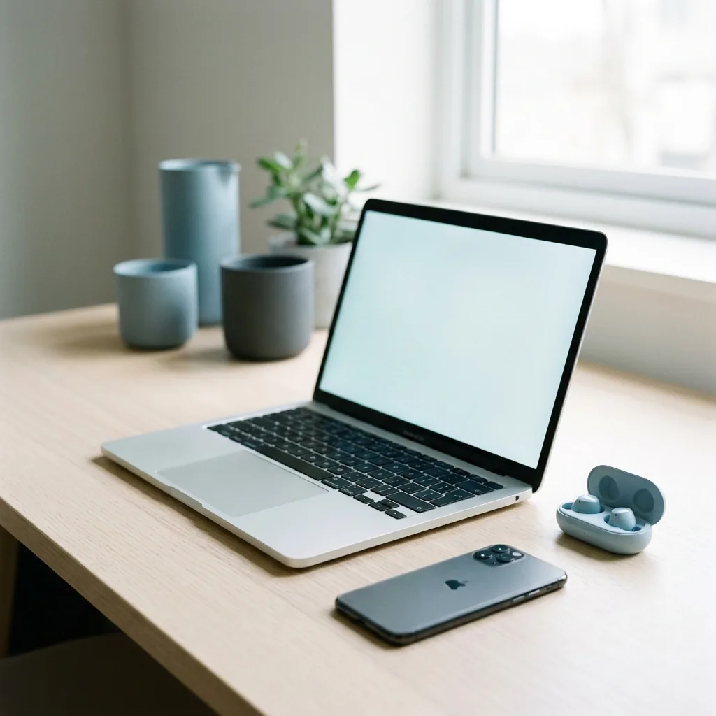 Minimal communication workspace with smartphone, laptop, and earbuds on a pale desk